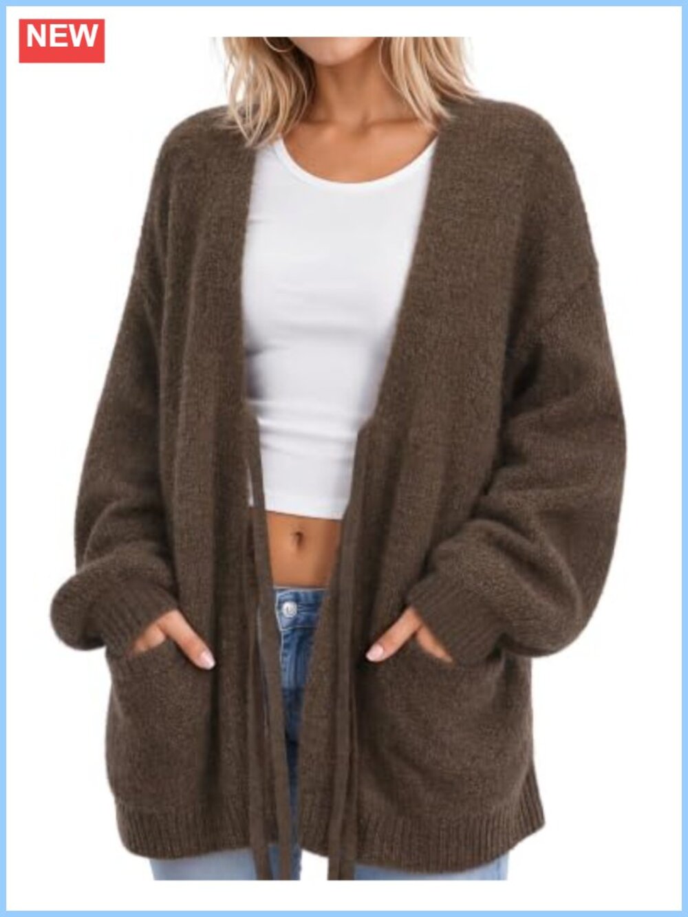 Oversized Tie Front Cardigan Long Sleeve Sweater with Pockets